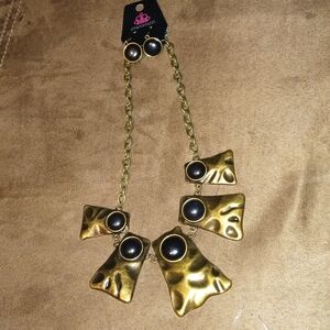 Gold Statement Necklace with Black Accents & Matching Earrings